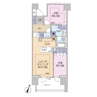 【間取り】 | ライオンズ南千住グランプレイス | 専有面積：55.22㎡　アウトフレーム構造の２LDK　床暖房は、リビング・ダイニングだけでなく6.3帖の洋室にも設置されているので、冬場の寝室も快適です