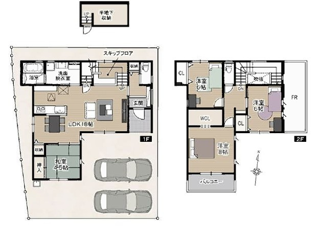 タマタウン朝倉Ⅱ　3号地新築一戸建ての間取り|スキップフロア×半地下収納。暮らしが快適になる多機能プラン。