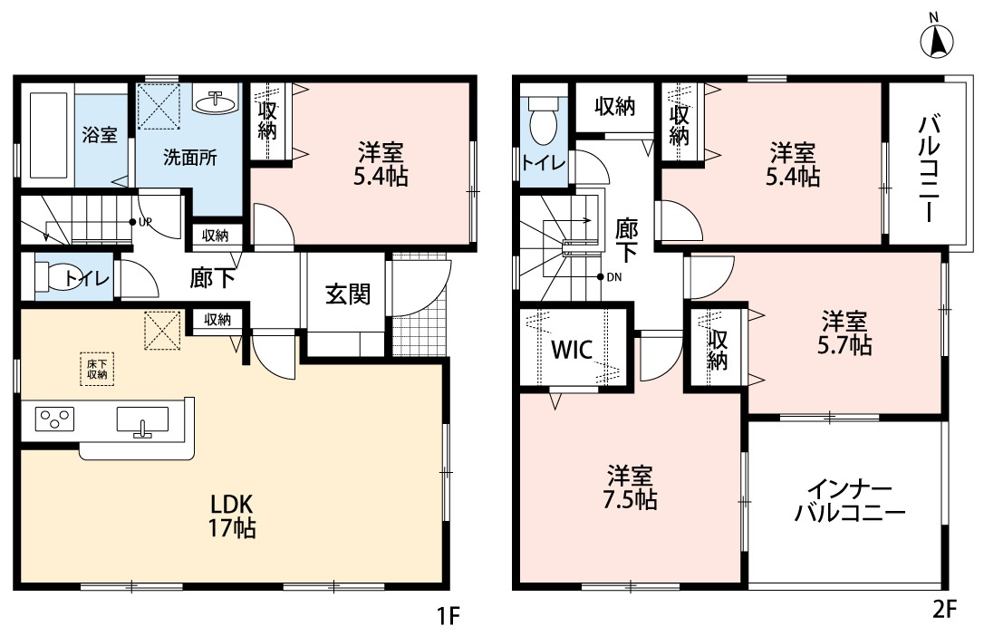 小牧市小木２丁目　新築戸建　３号棟の間取り|２階全居室バルコニーに面してます。広々インナーバルコニー。