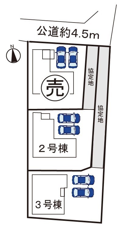 小牧市小木２丁目　新築戸建　３号棟の区画図|駐車場並列２台可。