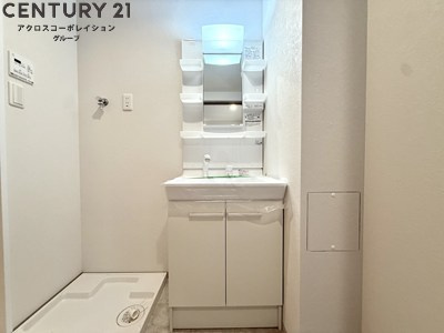 アメニティ収納棚ありの独立洗面台です
