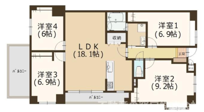 【間取り】 | グリーンマンションラフィネ春日 | 専有面積約９０㎡ ４ＬＤＫのゆったりとした居住スペース♪　お子様の多いファミリーににもおすすめです♪　収納たっぷりでお部屋もスッキリ♪
※画像内の家具、調度品などは含まれません。