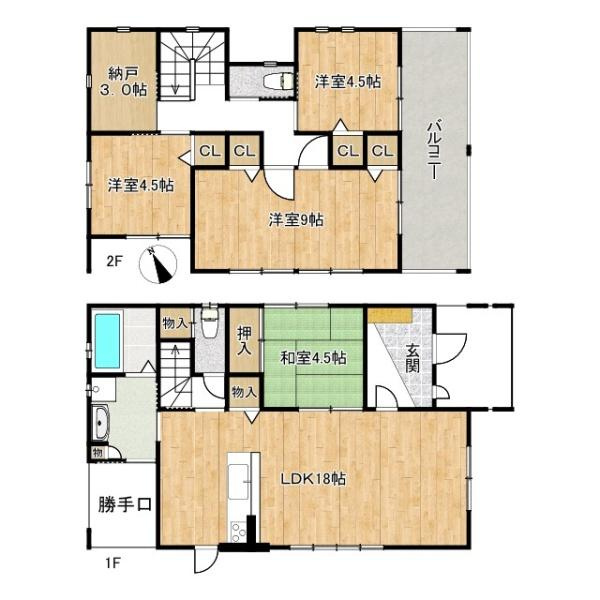 香芝市真美ケ丘５丁目　一戸建の間取り|■広々したＬＤＫ１８帖・４ＬＤＫ＋納戸の間取り！大容量の収納など、ご家族のお住まいにピッタリです！