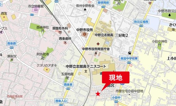 中野市南宮　中古戸建の地図|「信州中野」駅まで車で約4分の立地です。