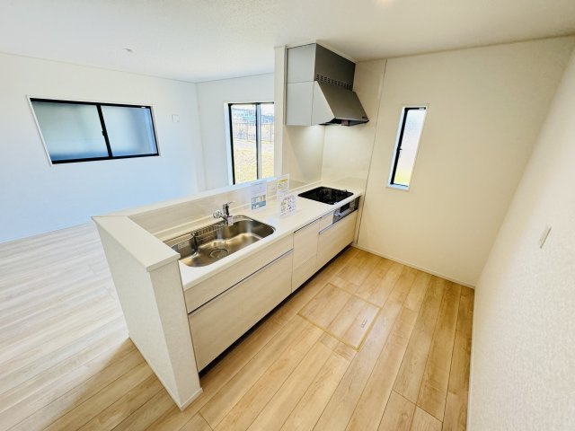 市川市原木４丁目新築戸建【二俣小学校：9分】のキッチン|広々システムキッチン・シンクの水栓には浄水器がついてます！
