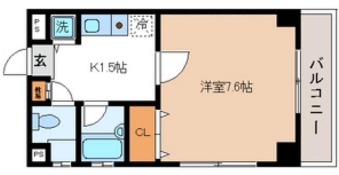 エスポワール・トキワの間取り|東向きバルコニー南東角部屋！洋室7.6帖の1Kバストイレ別