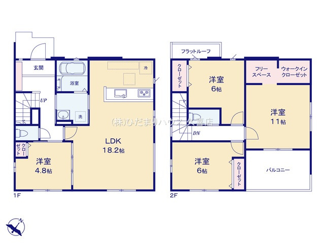 白岡市小久喜18期　新築一戸建て　01　リガーレの間取り|対面キッチン、折上天井で開放的な18.2帖LDKです♪