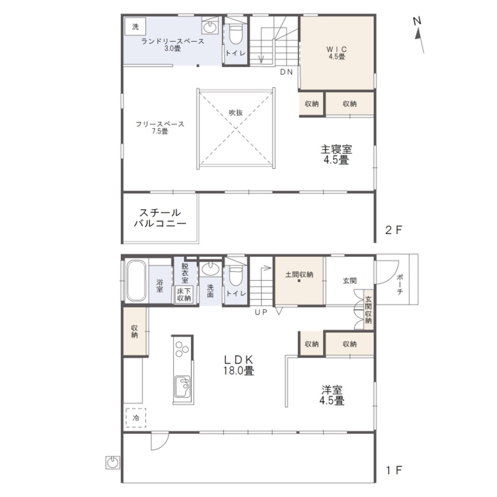 総社市総社二丁目戸建の間取り|・間取り図
間取り：2LDK＋WIC　一階床面積：57.96㎡　二階床面積：50.51㎡