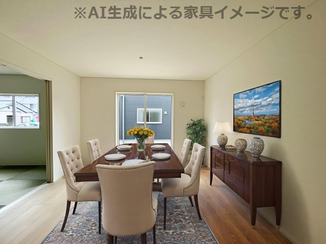 新築戸建・新築建売　いわき市小名浜南富岡第1　小名浜西小・小名浜第一中の居間・リビング|※家具を配置した場合のイメージ図になります！実際に家具はつきません。