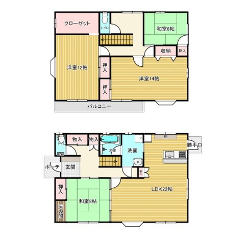 安佐北区亀山南3丁目　土地建物の間取り|ゆとりある4LDKの間取りで、1階には22帖の広々LDKと8帖和室を配置。2階には12帖・14帖の2