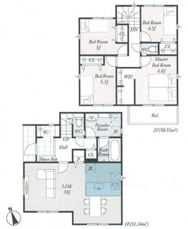 【間取り】 | 寒川町倉見  1号棟 第2 | 網戸標準仕様　シャッター6箇所付　宅配BOX付機能門柱　食洗器・浄水器　浴室乾燥機　全居室収納　LDK18帖
