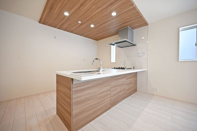 ブルーミングガーデン泉町新築一戸建て│3LDK+駐車2台可(車種制限有)のキッチン|キッチン上部は折下天井を採用でデザイン性を向上させています。ダウンライトを4基採用し、作業性を確保。