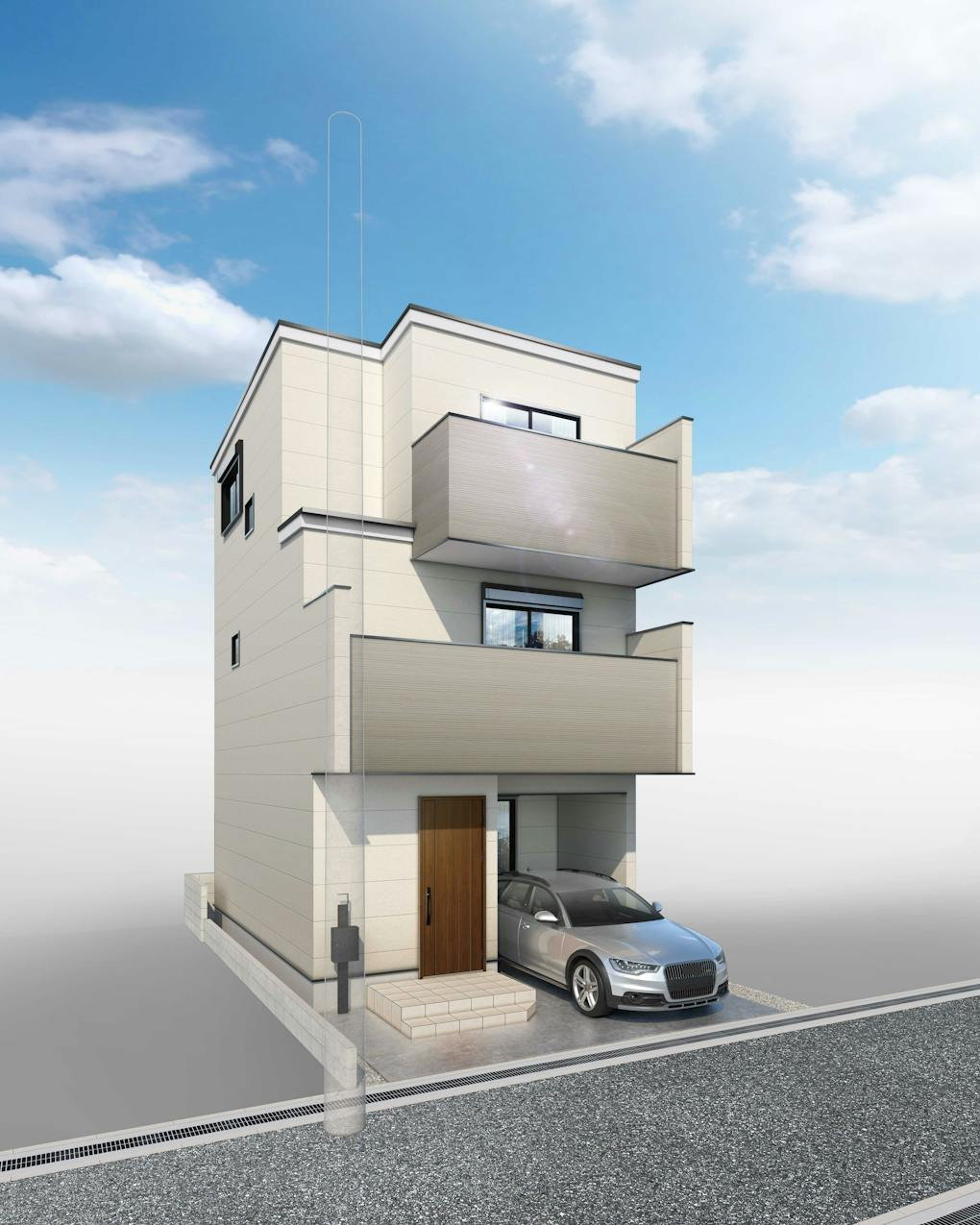 寝屋川市若葉町の外観パース|2026年3月完成予定、3階建て新築戸建て物件です。
快適な住環境を保ちやすい、ZEH水準省エネ住宅です。