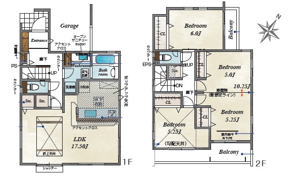 蓮田市西城1丁目全1棟　1号棟の間取り|
勾配天井や折上天井を起用したお洒落なお家です。リビングは3面採光で風通し良好です。2階洋室10.25帖はライフスタイルに合わせて間仕切りを作り、4LDKへ変更することもできます。