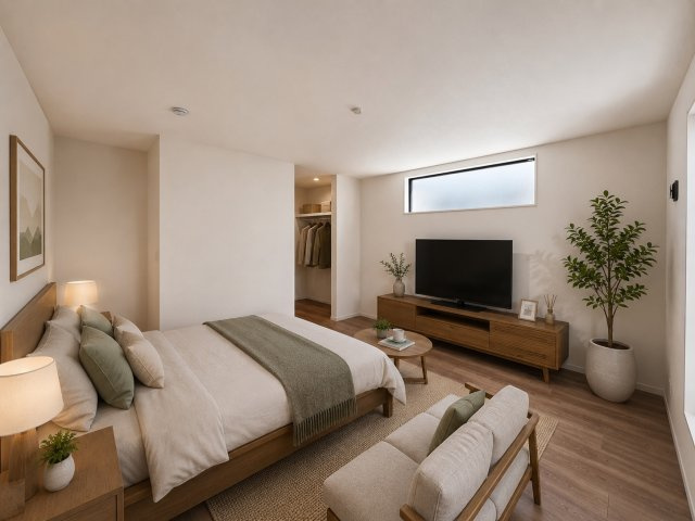 大和高田市曽大根　第5期　の寝室|洋室8.5帖　ウォークインクローゼット付き（画像の家具はAIによって作成したものです）