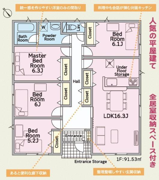 今治市北鳥生町３　1号棟の間取り|2025年11月完成の4LDK。階段のないフラットな設計は、小さなお子様からシニア世代まで、誰もが安全に心地よく暮らせる工夫が詰まっています。移動距離が短く、日々の生活を効率的にサポートします。
