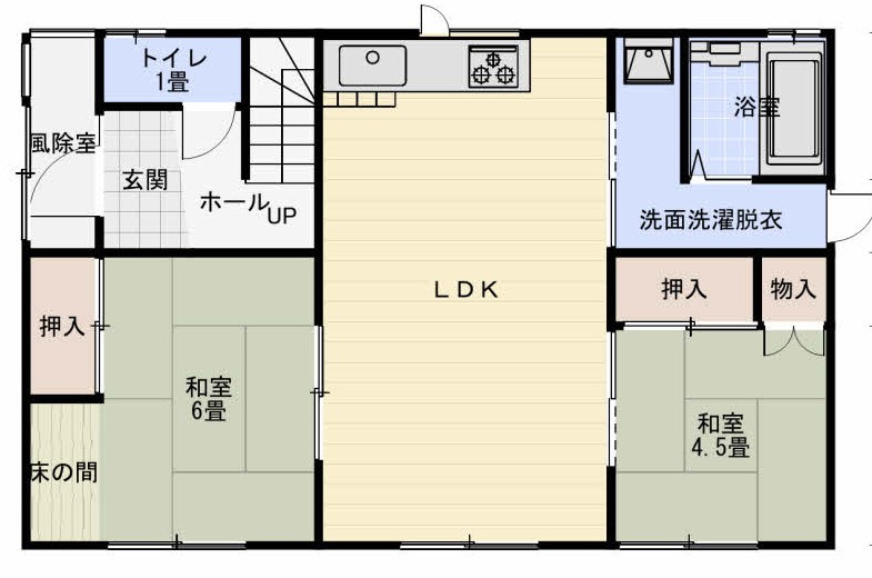 大楽毛153　中古住宅の間取り|1F間取り　LDK14帖・和室6帖+4.5帖・UB1坪タイプです。