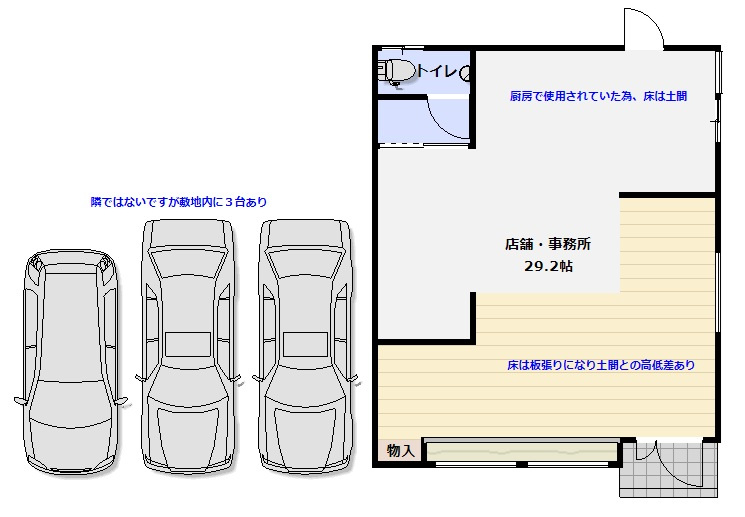 米原5丁目Ｓテナントの間取り|元ケーキ屋の一画で使用していた物件になり、土間部分と床部分がわかれた仕様になります。