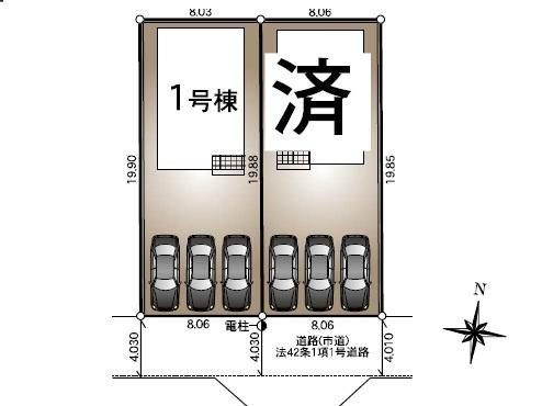 宮崎市島之内第１２－１号棟　新築戸建の区画図|【区画図】
駐車スペース並列3台可能。（車種によります）
