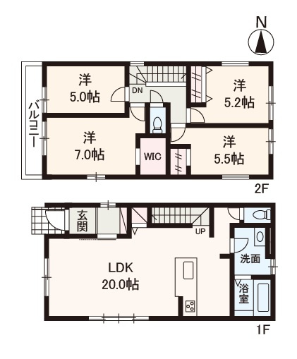 【間取り】 | Terrechez堺市北区南花田町1期　1号棟 | 全居室を洋室で統一した4LDK。水まわりを集約し、スムーズな家事ラク動線が実現！WICなど、収納豊富な住まいです。