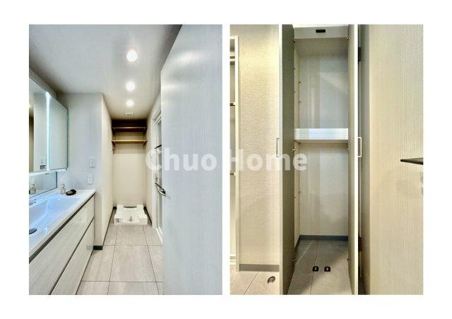 サングランデ桜橋の脱衣所|【洗面所】明るい洗面所は朝をすっきりさせてくれる空間です。バタバタしている忙しい朝でも収納が多い洗面台では短い時間で効率良く支度ができます。