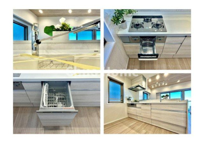 【キッチン】 | サングランデ桜橋 | 【システムキッチン】ワイドで収納豊富な使い勝手の良いカウンターキッチンには、食洗器や伸縮タイプのキッチン水栓、三ツ口コンロ・魚焼きグリルなどの便利な設備が標準完備されています。