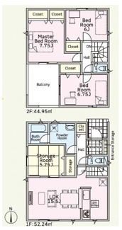 【間取り】 | 平塚市御殿4丁目  3号棟 第18 | 防犯カメラ（利用時Wifi接続必要）　引き違い窓シャッター付　人感センサー付玄関灯　インナーバルコニー　浴室乾燥機+窓　各部屋収納　LDK15.5帖+S室（和室仕様）5.2帖