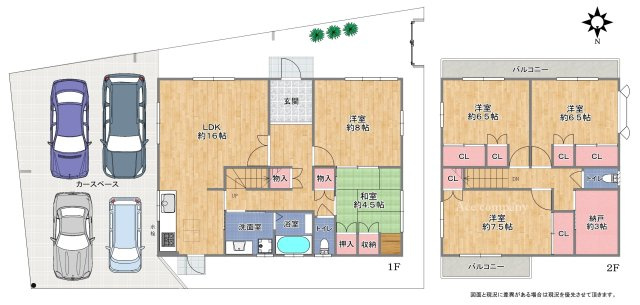 【間取り】 | 八尾市久宝園2丁目 | 外壁塗装済み☆【2階建ゆったり5SLDK！】室内水廻り設備一新！内外装全面リフォーム済み☆玄関＋勝手口・両面バルコニー☆食洗器・浴室乾燥機・TVモニターホン完備☆トイレ2ヶ所♪