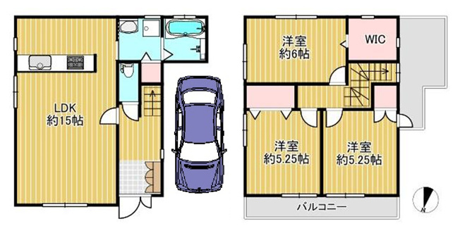 【間取り】 | 東大阪市古箕輪1丁目 | 【3LDK＋車庫】室内リフォーム済み☆食洗機・IHコンロ・浴室乾燥機・TVモニターホン完備☆2面バルコニー☆ウォークインクローゼット・屋根裏収納付きです♪