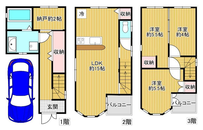 【間取り】 | 東大阪市長堂2丁目 | 3階建【3SLDK＋車庫】室内水廻り設備一新！全面リフォーム済み☆食洗器・浴室乾燥機・TVモニターホン完備です☆