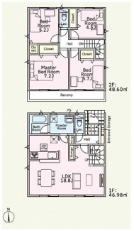 【間取り】 | 平塚市御殿4丁目  7号棟 第18 | 防犯カメラ（利用時Wifi接続必要）　引き違い窓シャッター付　人感センサー付玄関灯　二部屋から行き来できる南向きバルコニー　浴室乾燥機+窓　全居室収納　LDK18.8帖