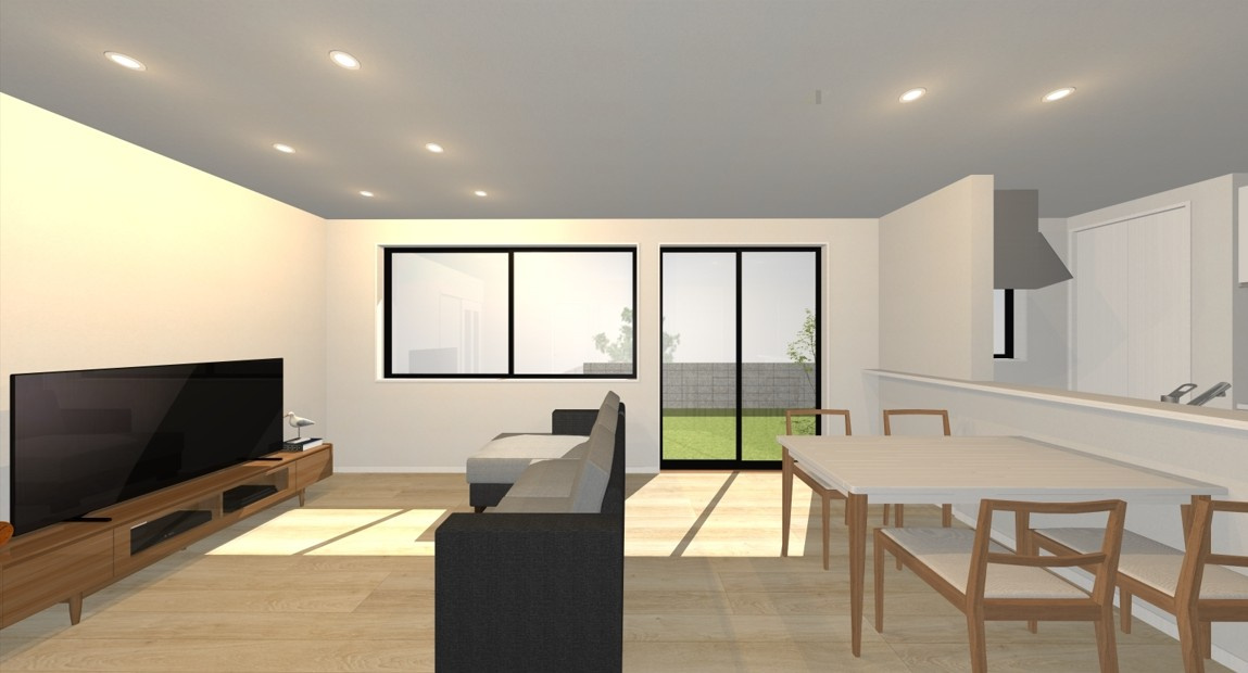 高知市瀬戸東町　（建築条件付き）売土地の完成予想図|大きな窓から光が入る明るいLDK。庭とつながる開放的な暮らし