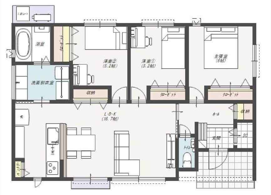高知市瀬戸東町　（建築条件付き）売土地の参考プラン|LDK16.7帖＋個室3部屋。家族それぞれの時間を大切にできる間取り