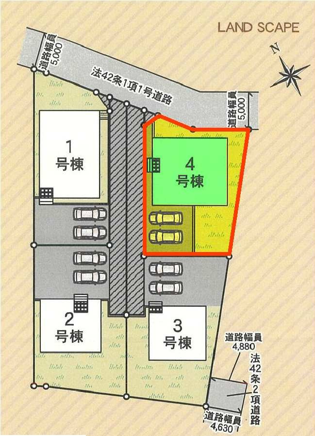 新築　高崎市金古町第16　クレイドルガーデン　4号棟の区画図|4号棟　区画図　北側接道幅員約5ｍ
