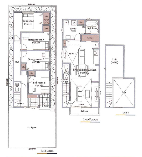 練馬区高野台3丁目　選べるプラン　建築条件付き全3区画の参考プラン|参考プランB　2LDK+2S+パントリー+ロフト+カースペース　建物面積 99.12ｍ2　建物価格 2,000万円