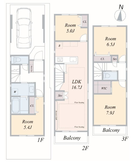 【間取り】 | 練馬区石神井台７丁目　新築戸建て　A号棟 | 雨の日でも快適に乗り降りできる便利な車庫スペースを確保