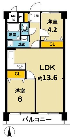 エメラルドマンション鶴見緑地の間取り|中古マンション　2LDK　専有面積：56.70平米　バルコニー面積：7.50平米　南向き