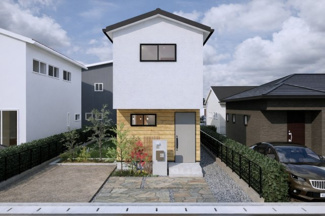 【完成予想図】 | 城陽市寺田深谷2区画B号地　売土地　建築条件付き | お客様のお好みに合わせて、外観デザインも一緒に作り上げていきます。「ひと目で分かるアトリエの家」をコンセプトに、木・金属・吹抜けを組み合わせ”あなたらしさ”を表現できる外観づくりが可能です。