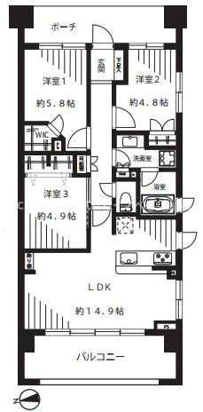 サングランデ桜橋の間取り|３ＬＤＫ、専有面積71.82㎡、バルコニー面積12.6㎡、LDK14.9帖