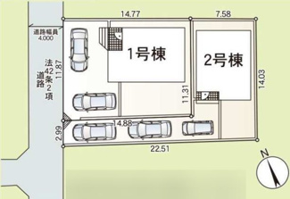 【区画図】 | 平塚市大神4丁目  2号棟 第18 | ※1号棟ご成約済　2号棟　北西側約4ｍ公道（セットバック済）　旗竿地（間口約2.9ｍ）　駐車3台（車種によります）　敷地面積46.0坪（路地状部分含む）　※協定地あり