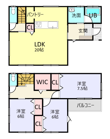 小野4丁目　新築戸建ての間取り|20帖のLDKが魅力の3LDK！居室も全室6帖以上でゆとりある空間。