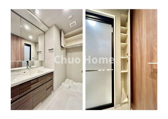 アーリアシティ一之江の脱衣所|【洗面所】明るい洗面所は朝をすっきりさせてくれる空間です。バタバタしている忙しい朝でも収納が多い洗面台では短い時間で効率良く支度ができます。