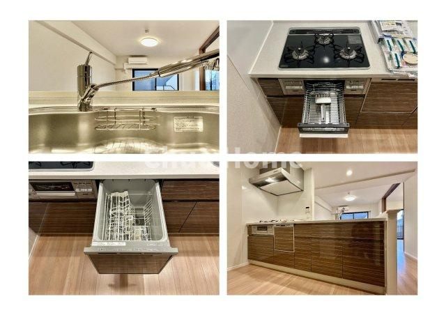 アーリアシティ一之江のキッチン|【システムキッチン】ワイドで収納豊富な使い勝手の良いカウンターキッチンには、食洗器や伸縮タイプのキッチン水栓、三ツ口コンロ・魚焼きグリルなどの便利な設備が標準完備されています。