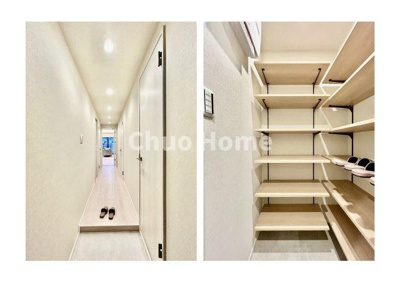 【玄関】 | グラントレゾール駒形 | 【玄関】玄関には大型のシューズインクローゼットを設置しておりますのでいつでもスッキリりとした空間を保てます。玄関周りを清潔に使うのはとても大事なことですよね。