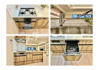 【キッチン】 | グラントレゾール駒形 | 【システムキッチン】ワイドで収納豊富な使い勝手の良いカウンターキッチンには、食洗器や伸縮タイプのキッチン水栓、三ツ口コンロ・魚焼きグリルなどの便利な設備が標準完備されています。