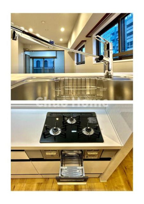 【キッチン】 | デュオ・スカーラ秋葉原 | 【キッチン水栓】キッチン水栓はシャワーヘッドが伸びますのでシンクの隅々まで届きます。【三ツ口コンロ】奥様に好評な三ツ口コンロと魚焼きグリルです。