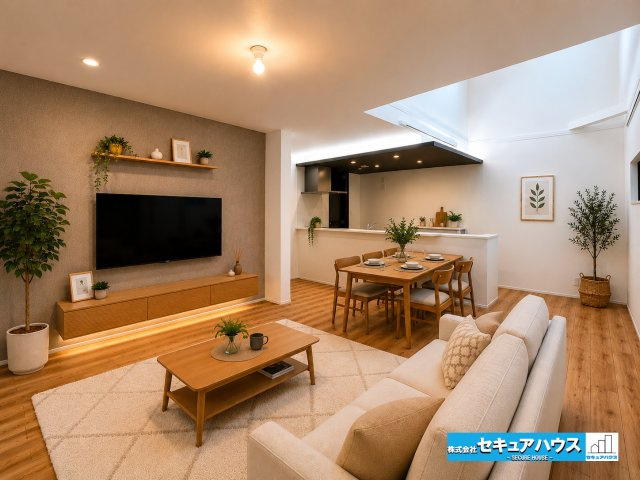 刈谷市野田町北菰神　全２棟の居間・リビング|【リビングを配置したイメージ図】
◆広々17.7帖のためダイニングテーブルとソファを置くことができます。TVは壁掛けで取付可能です。吹抜付きの開放感あるリビングが魅力的です。　　　　　　　　　　　　　
