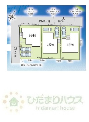 野田市野田4期　新築戸建　1号棟の区画図|北西側約3.95ｍ公道・南西側約3.78公道　2台分可能な駐車スペース（車種により異なります。）