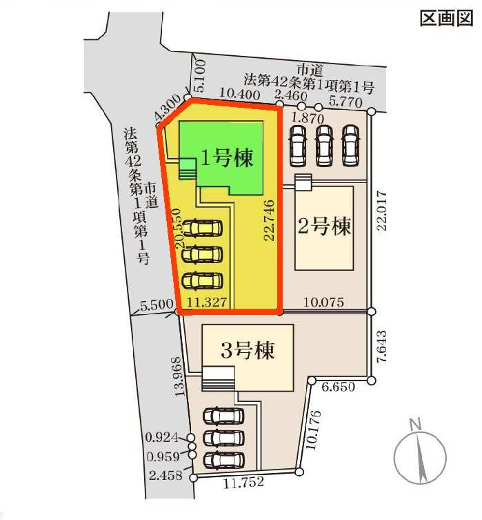 新築　伊勢崎市国定第１　Livele Garden.S　１号棟の区画図|1号棟　区画図　北側接道幅員約5.1ｍ　西側接道幅員約5.5ｍ			
	
