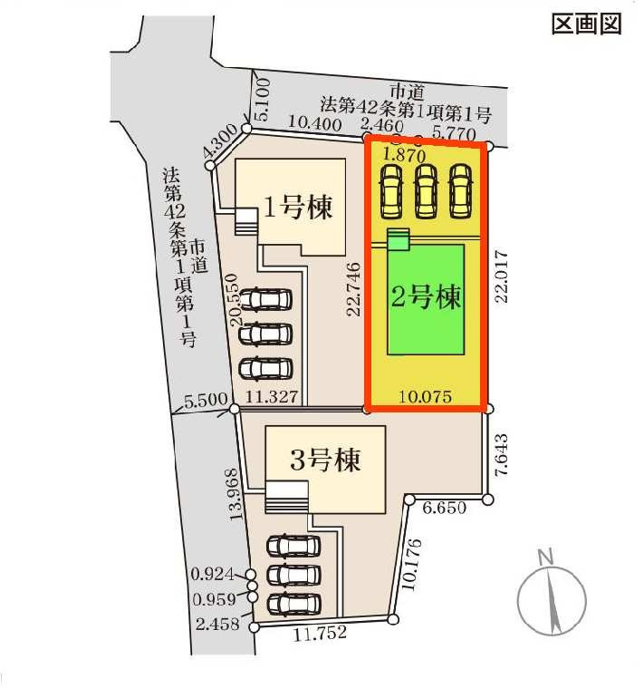 新築　伊勢崎市国定第１　Livele Garden.S　2号棟の区画図|2号棟　区画図　北側接道幅員約5.1ｍ　